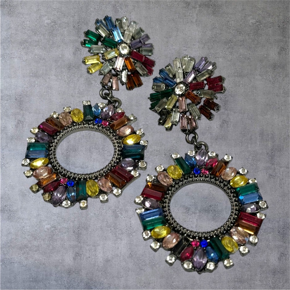 Multicolor Rhinestone Statement Drop Earrings Baguette Halo Dangle Bold